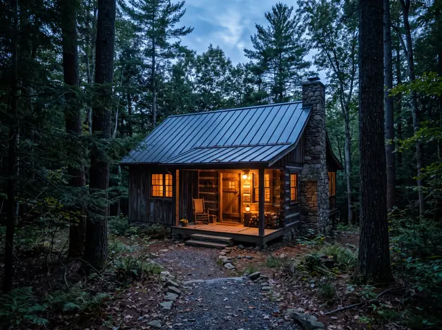 A small timber cabin with lit windows and a stone chimney among tall trees at dusk