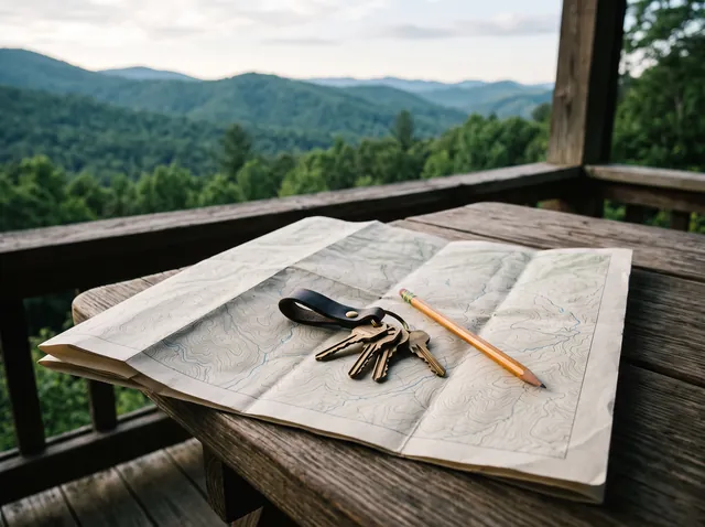 A folded contour map on a weathered porch table with brass keys on a leather fob and a pencil, forested ridges beyond the railing