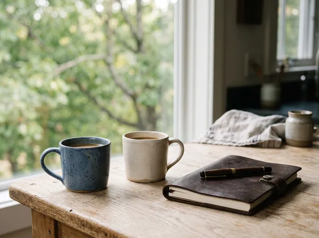 Two ceramic coffee mugs and a closed leather folio with a pen on a wooden kitchen counter by a window