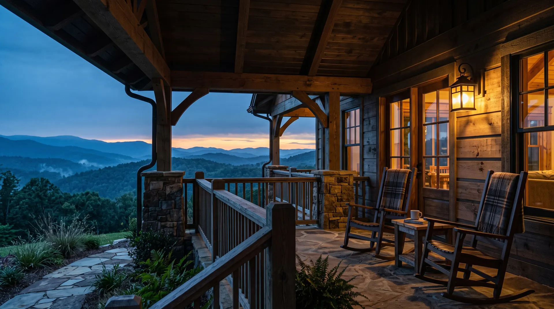 A covered timber porch at dusk with two rocking chairs, a side table and a lit lantern, forested ridges beyond the railing