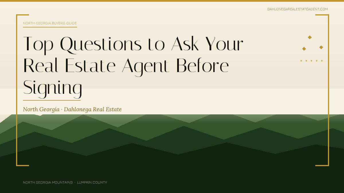 Title-card illustration reading 'Top Questions to Ask Your Real Estate Agent Before Signing' with layered green North Georgia mountain silhouettes and gold accents