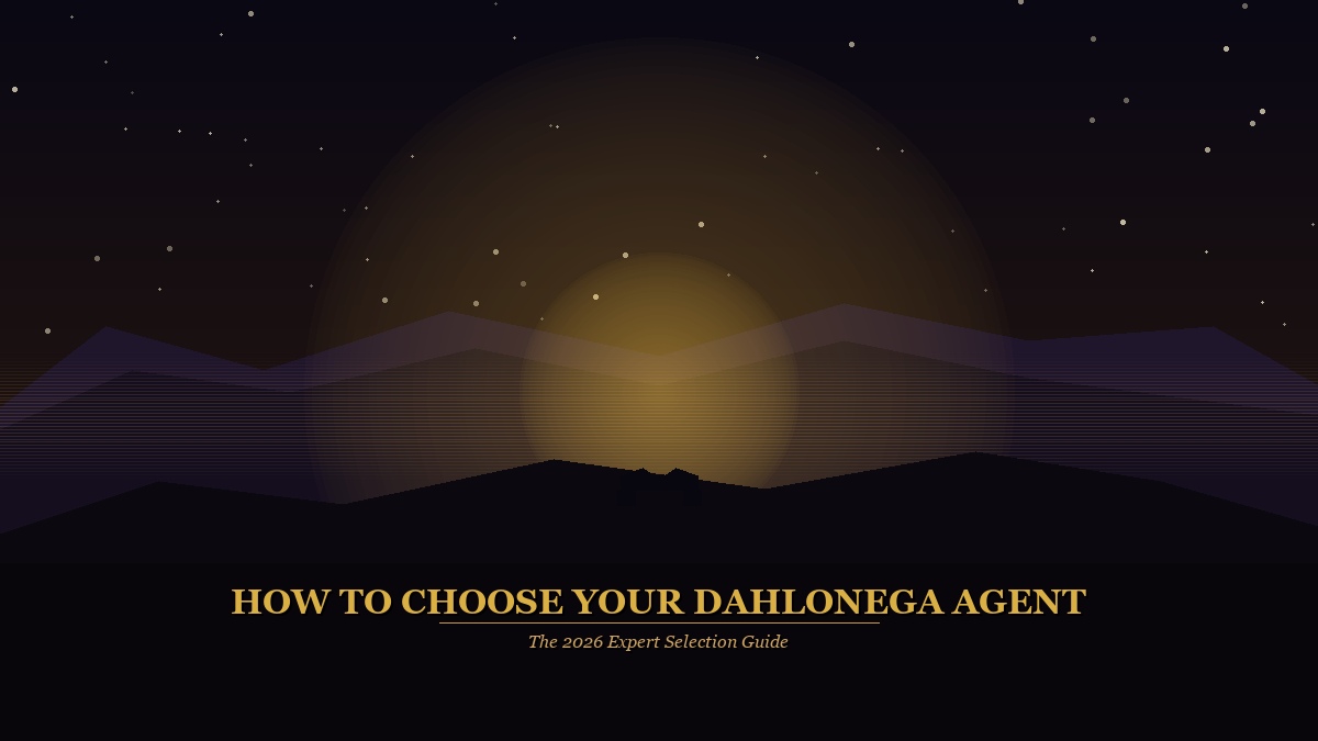 Illustrated banner titled 'How to Choose Your Dahlonega Agent - The 2026 Expert Selection Guide' showing a stylized nighttime North Georgia mountain scene under glowing golden orbs