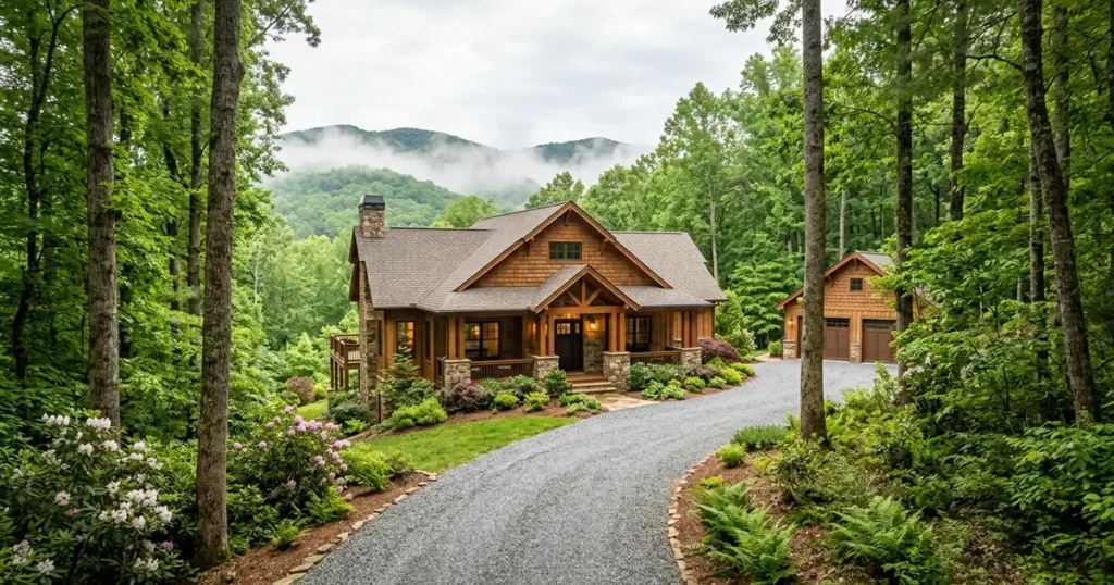 A craftsman-style mountain home at the end of a gravel driveway through tall hardwoods