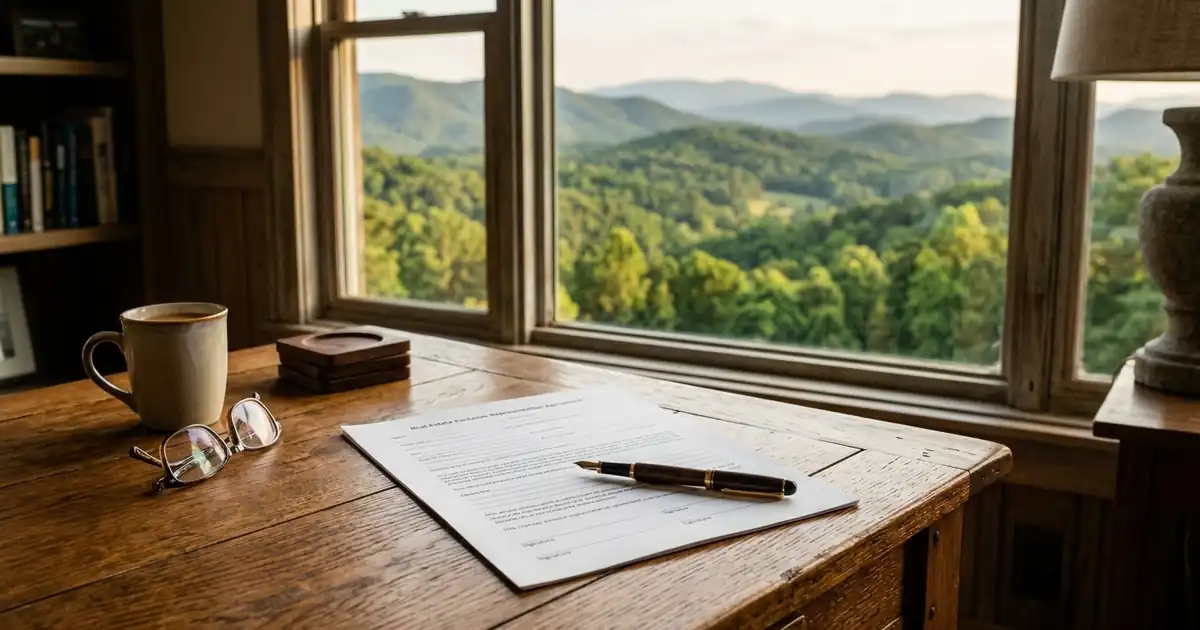 Wooden desk in a warm mountain office with a fountain pen resting on a document, rolling forested North Georgia foothills visible through the window behind it