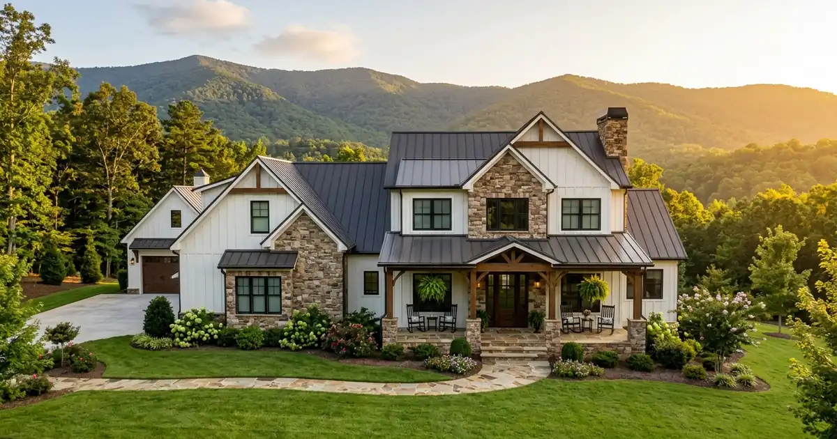 Well-kept North Georgia home with a covered front porch at golden hour